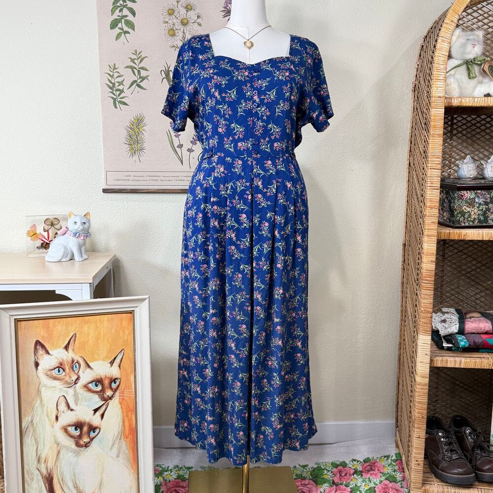 Vintage 90s Floral Tie Back Maxi Dress Cottage Prairie Romantic Forest Fairy L